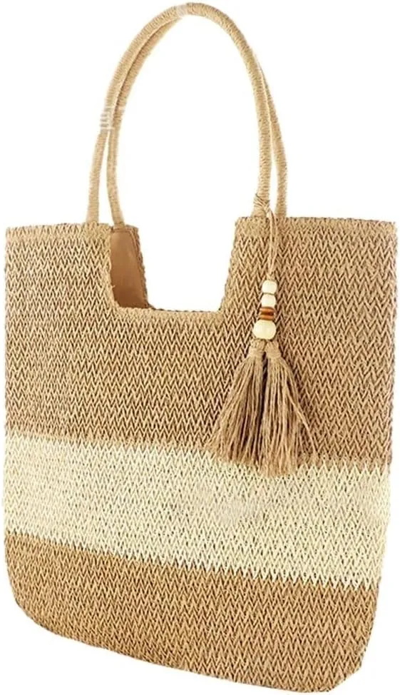 Large Summer Woven Straw Beach Tote Shoulder Bag with Zipper Fashionable Choice for Women's Vacation