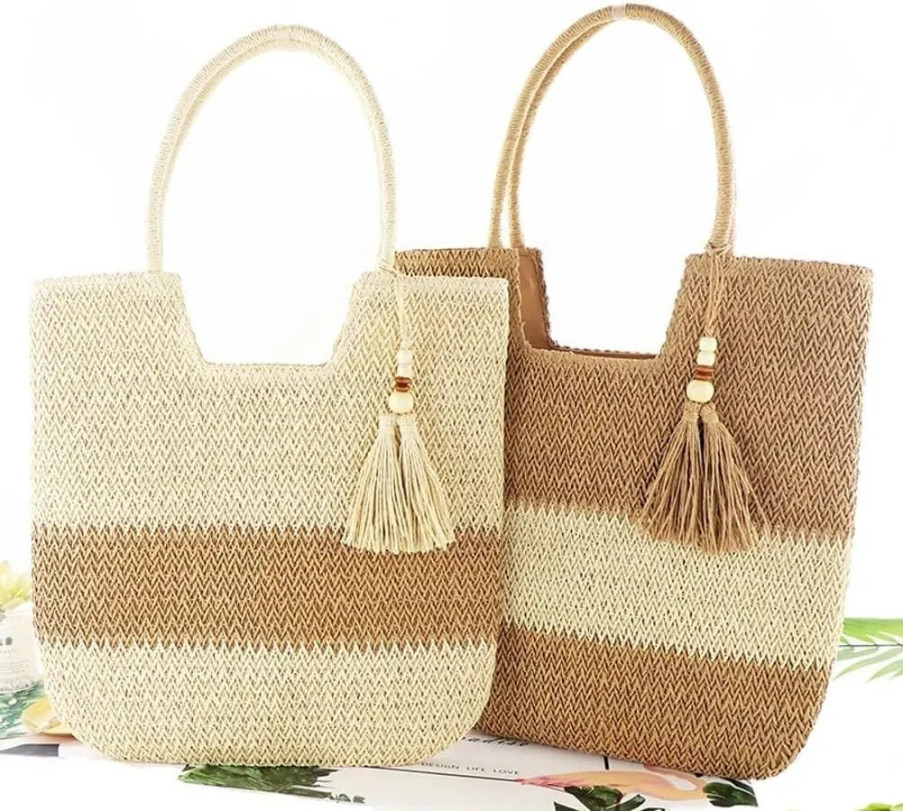 Large Summer Woven Straw Beach Tote Shoulder Bag with Zipper Fashionable Choice for Women's Vacation