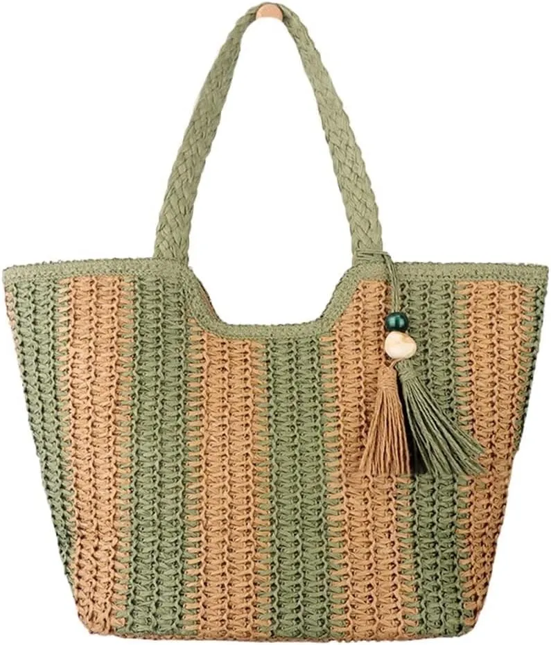 Large Summer Woven Straw Beach Tote Shoulder Bag with Zipper Fashionable Choice for Women's Vacation