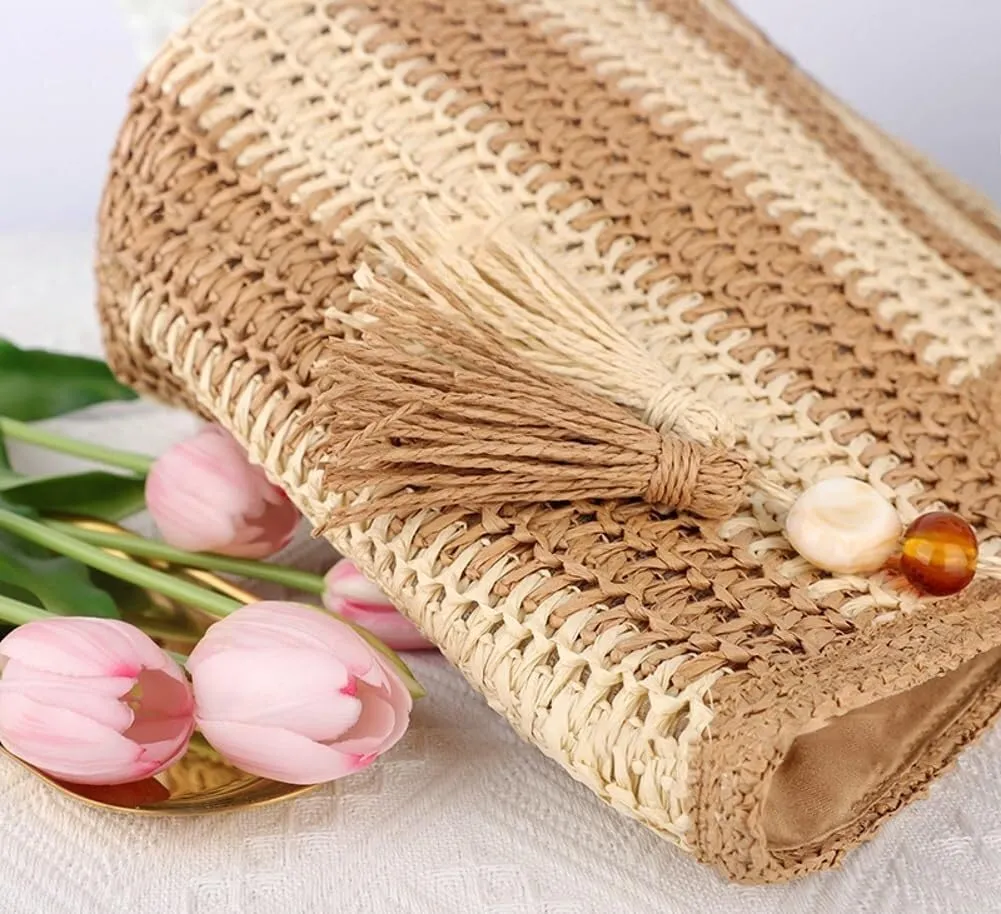 Large Summer Woven Straw Beach Tote Shoulder Bag with Zipper Fashionable Choice for Women's Vacation