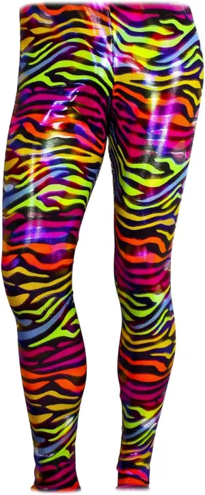 Largemouth Men's 80's Heavy Metal Pants Zebra Rainbow Shiny Neon Pink