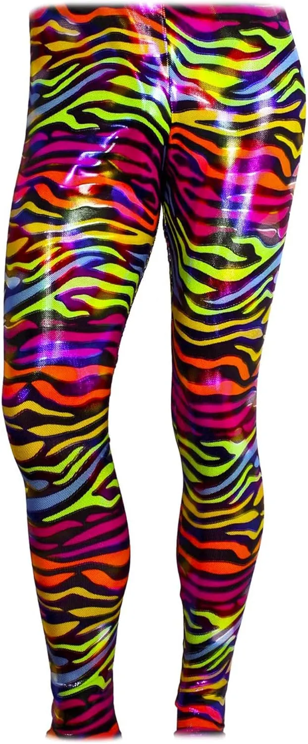 Largemouth Men's 80's Heavy Metal Pants Zebra Rainbow Shiny Neon Pink