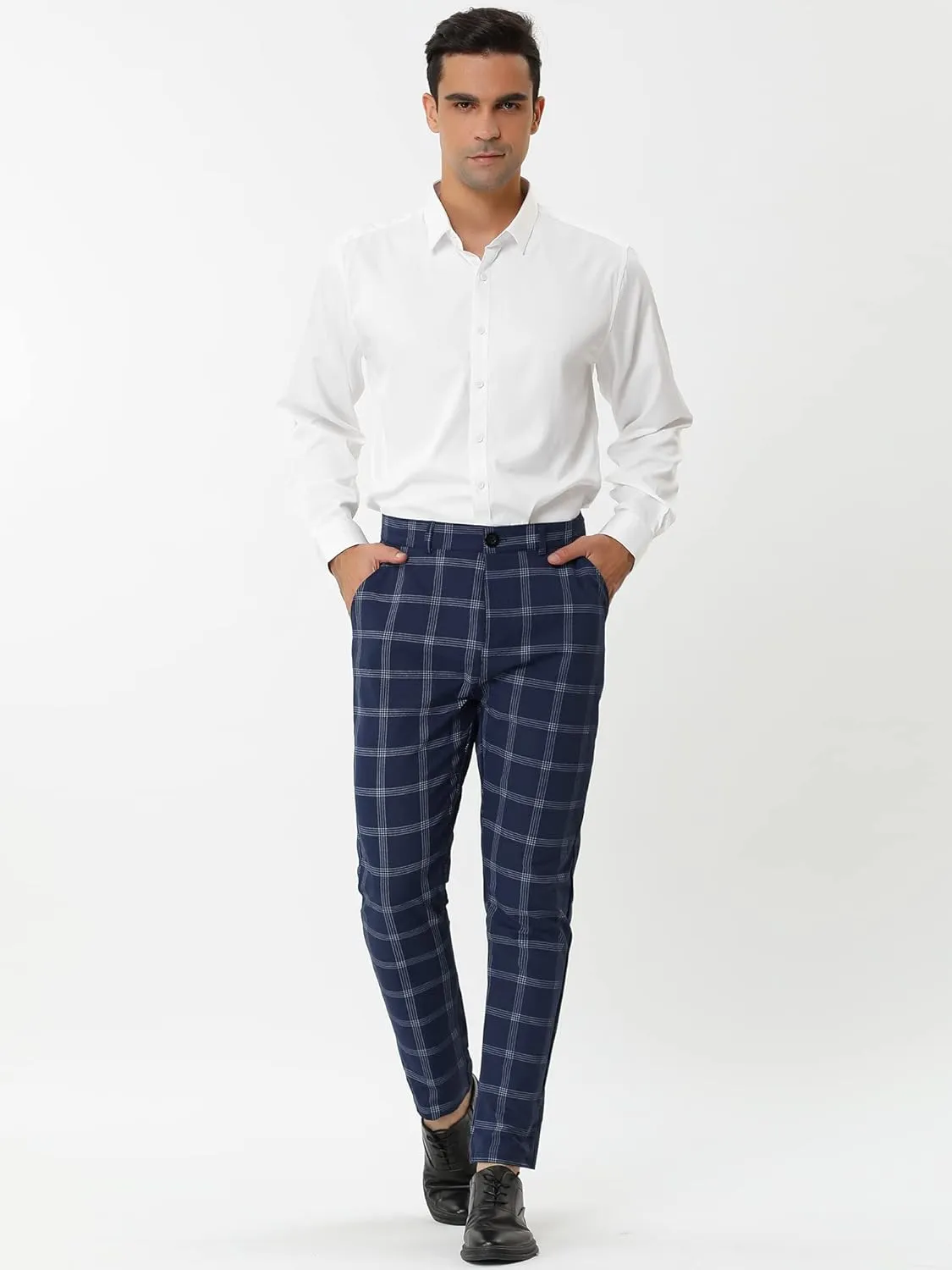 Lars Amadeus Men's Dress Plaid Pants Slim Fit Flat Front Business Pencil Trousers with Pockets