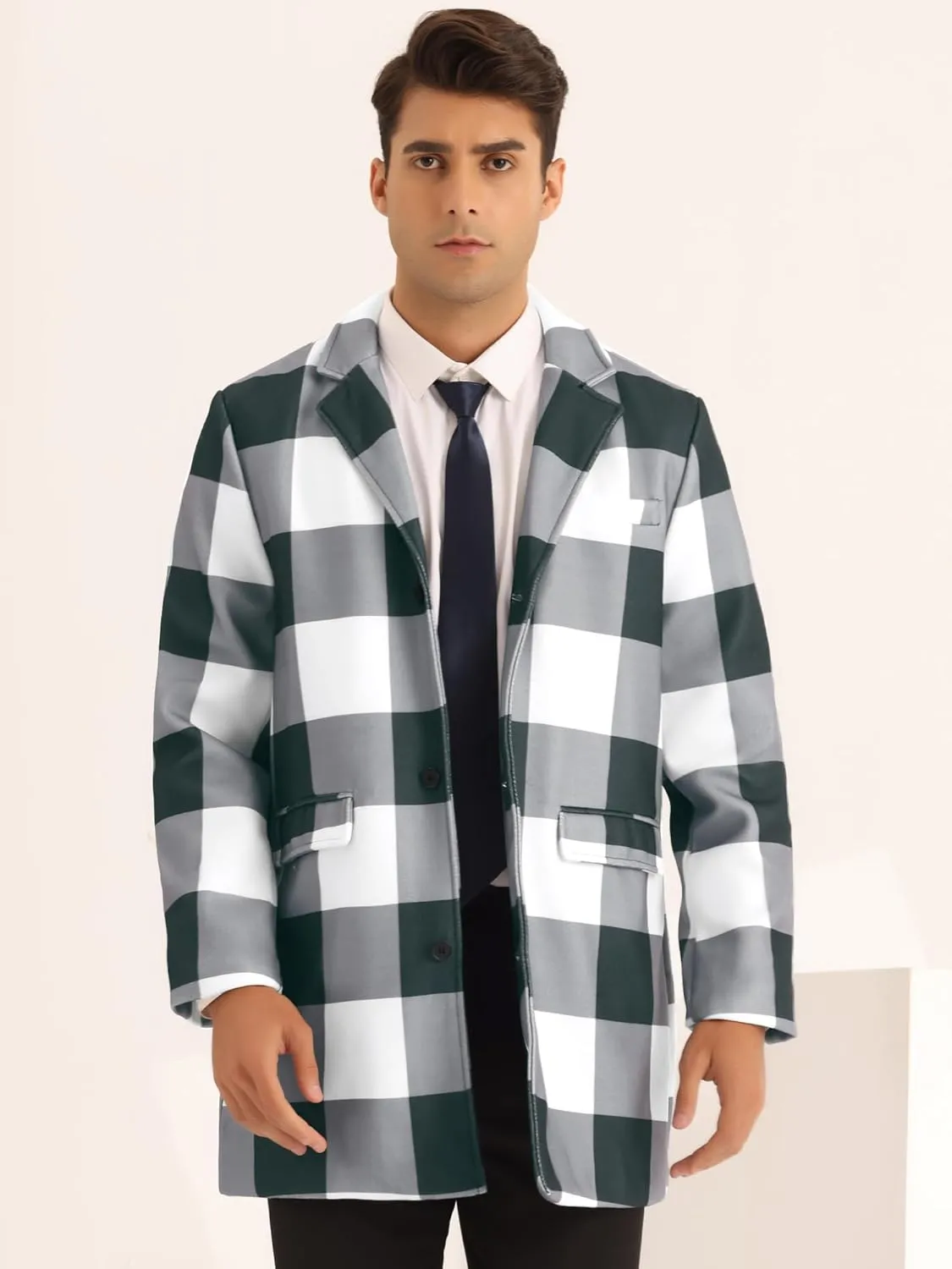 Lars Amadeus Plaid Overcoat for Men's Notch Lapel Single Breasted Checked Winter Trench Coat