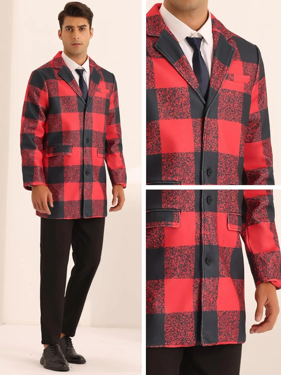 Lars Amadeus Plaid Overcoat for Men's Notch Lapel Single Breasted Checked Winter Trench Coat