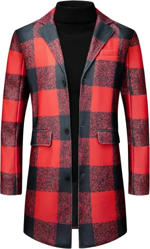 Lars Amadeus Plaid Overcoat for Men's Notch Lapel Single Breasted Checked Winter Trench Coat