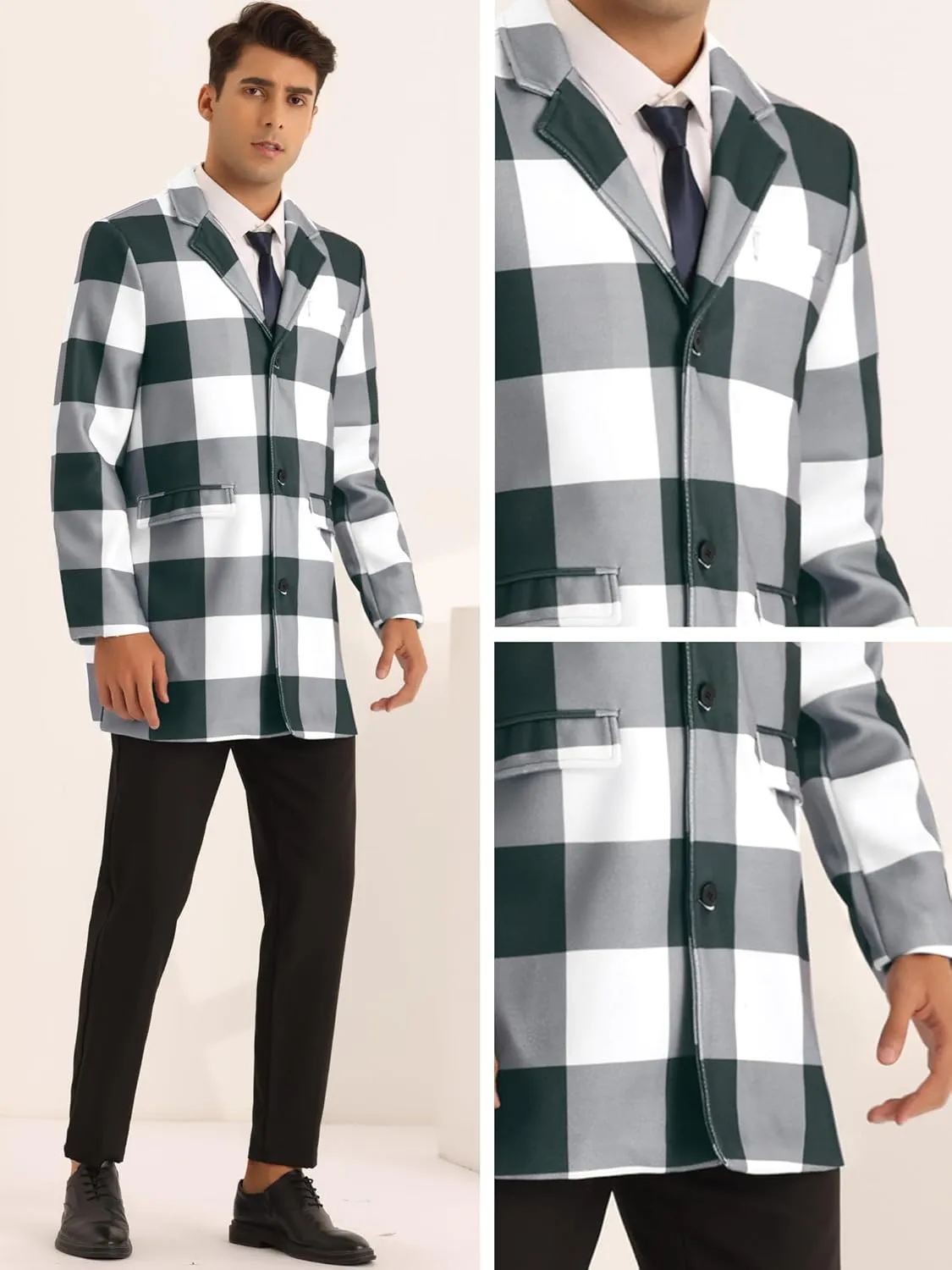 Lars Amadeus Plaid Overcoat for Men's Notch Lapel Single Breasted Checked Winter Trench Coat