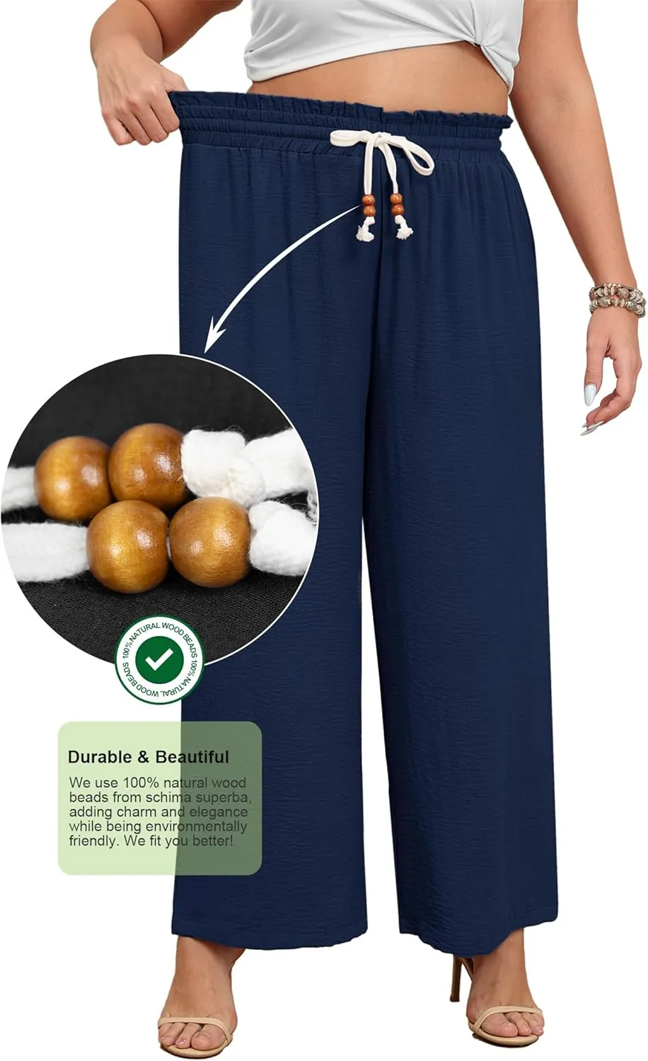 Lastshe Plus Size Wide Leg Pants for Women Elastic High Waisted Drawstring Loose Lounge Long Palazzo Trousers with Pockets