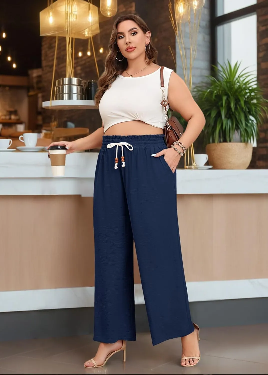 Lastshe Plus Size Wide Leg Pants for Women Elastic High Waisted Drawstring Loose Lounge Long Palazzo Trousers with Pockets