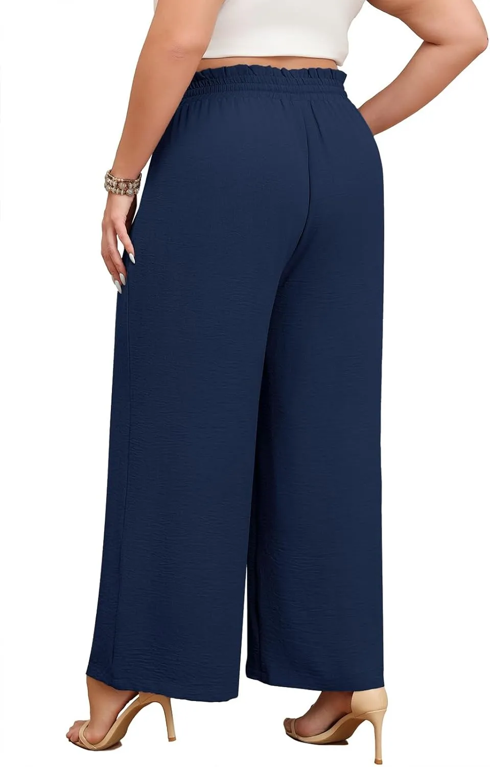 Lastshe Plus Size Wide Leg Pants for Women Elastic High Waisted Drawstring Loose Lounge Long Palazzo Trousers with Pockets