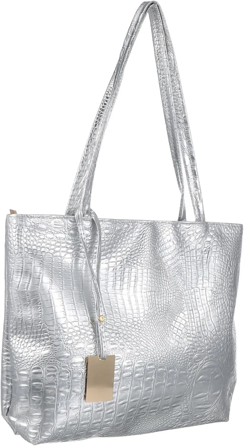 LIFKOME Fashionable Pattern Tote Bag for Women Large Capacity Handbag Silver Multi-use Shoulder Bag