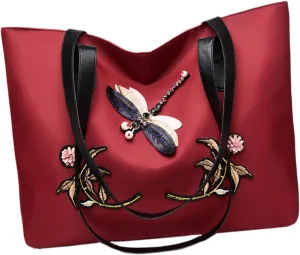 LIFKOME Oxford Cloth Tote for Women Large Capacity Fashionable Shoulder Bag Dragonfly Design Waterproof and Purse