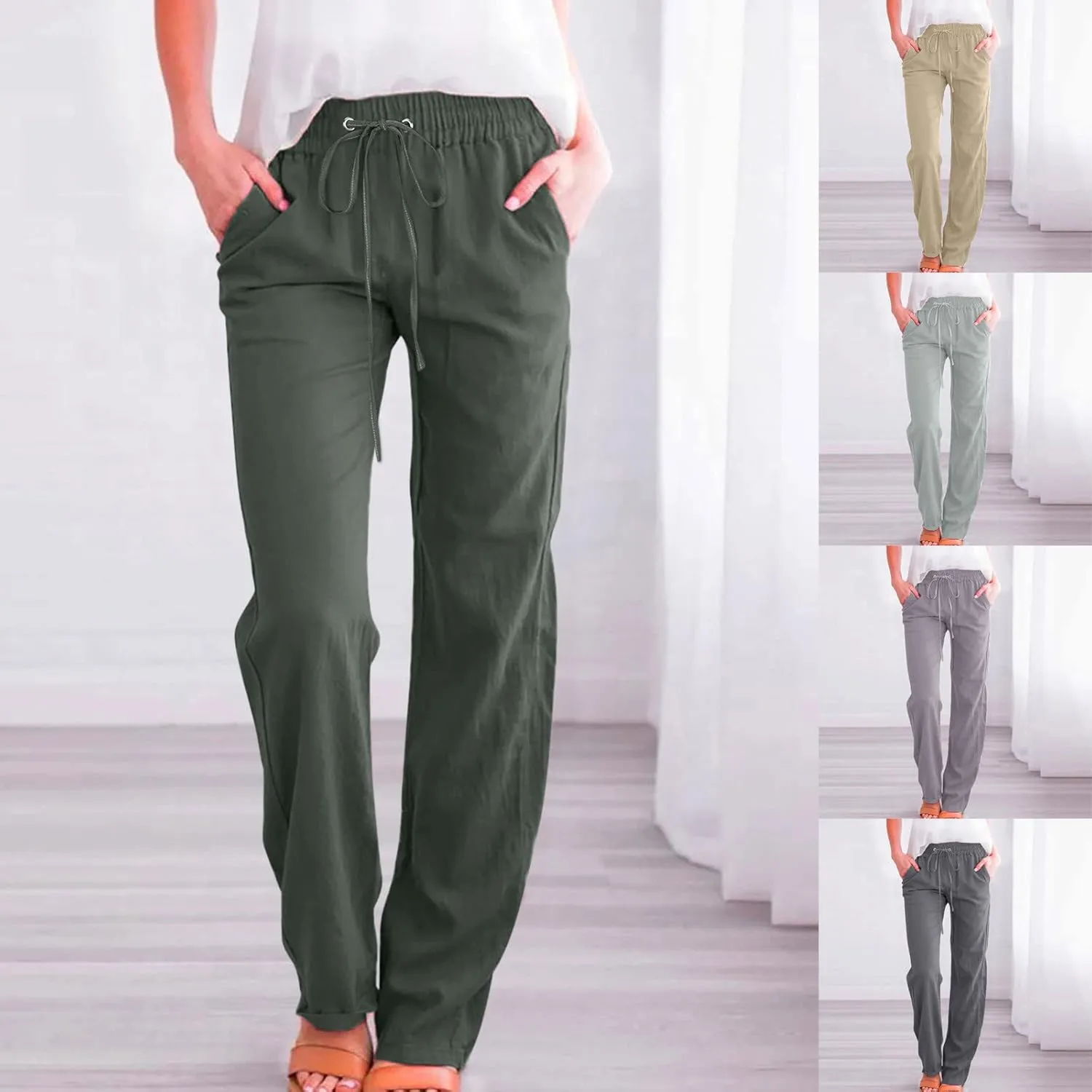 Linen Pants Women Casual Straight Leg Drawstring Elastic High Waist Pants Loose Palazzo Trousers with Pockets