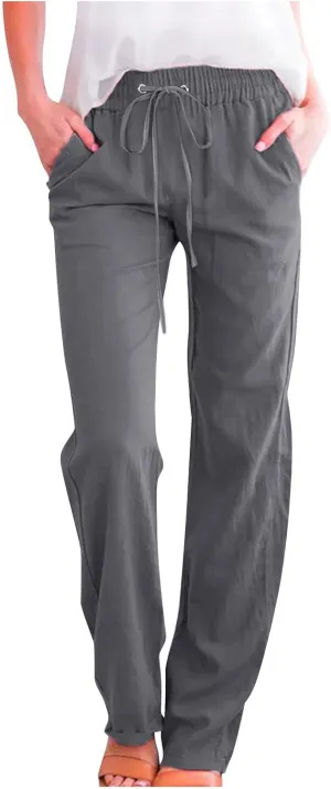 Linen Pants Women Casual Straight Leg Drawstring Elastic High Waist Pants Loose Palazzo Trousers with Pockets
