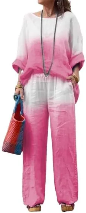 Linen Sets for Women 2 Piece Linen Pants Outfits Casual Long Sleeve Shirts and Wide Leg Pant Linen Suits Plus Size