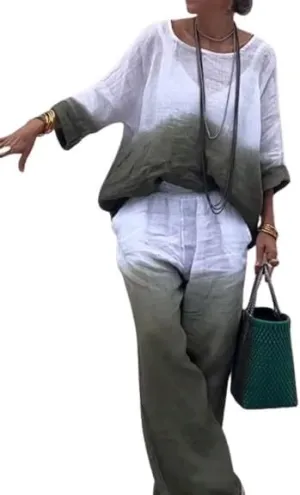 Linen Sets for Women 2 Piece Linen Pants Outfits Casual Long Sleeve Shirts and Wide Leg Pant Linen Suits Plus Size
