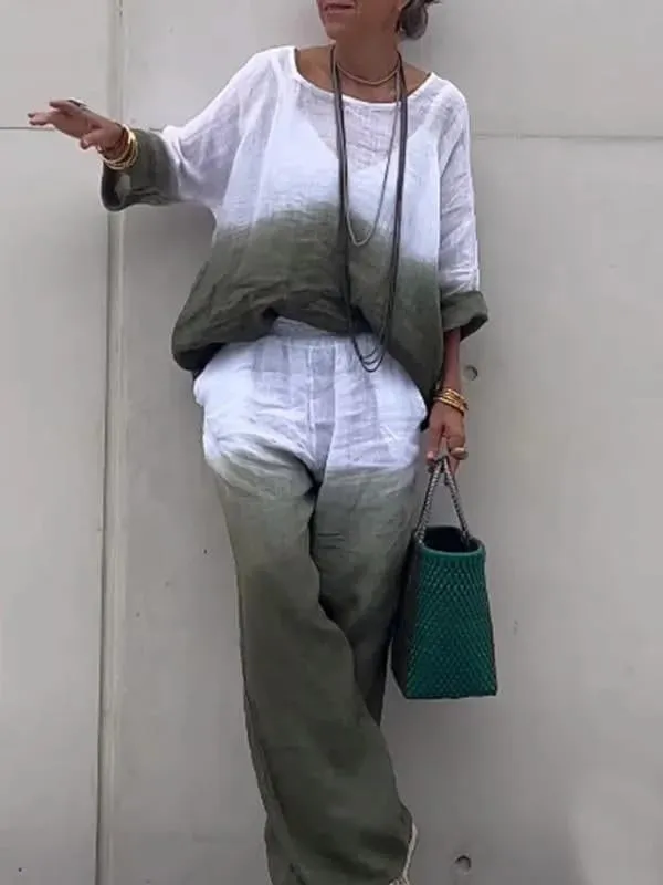 Linen Sets for Women 2 Piece Linen Pants Outfits Casual Long Sleeve Shirts and Wide Leg Pant Linen Suits Plus Size