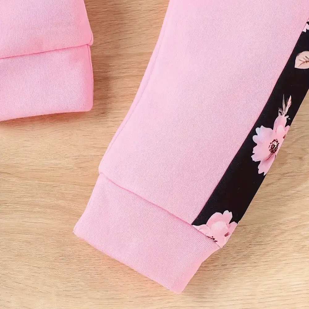 Little Surprise Box, Black & Pink Floral Strip , 2 pc Track Suit Set For Toddlers And Kids