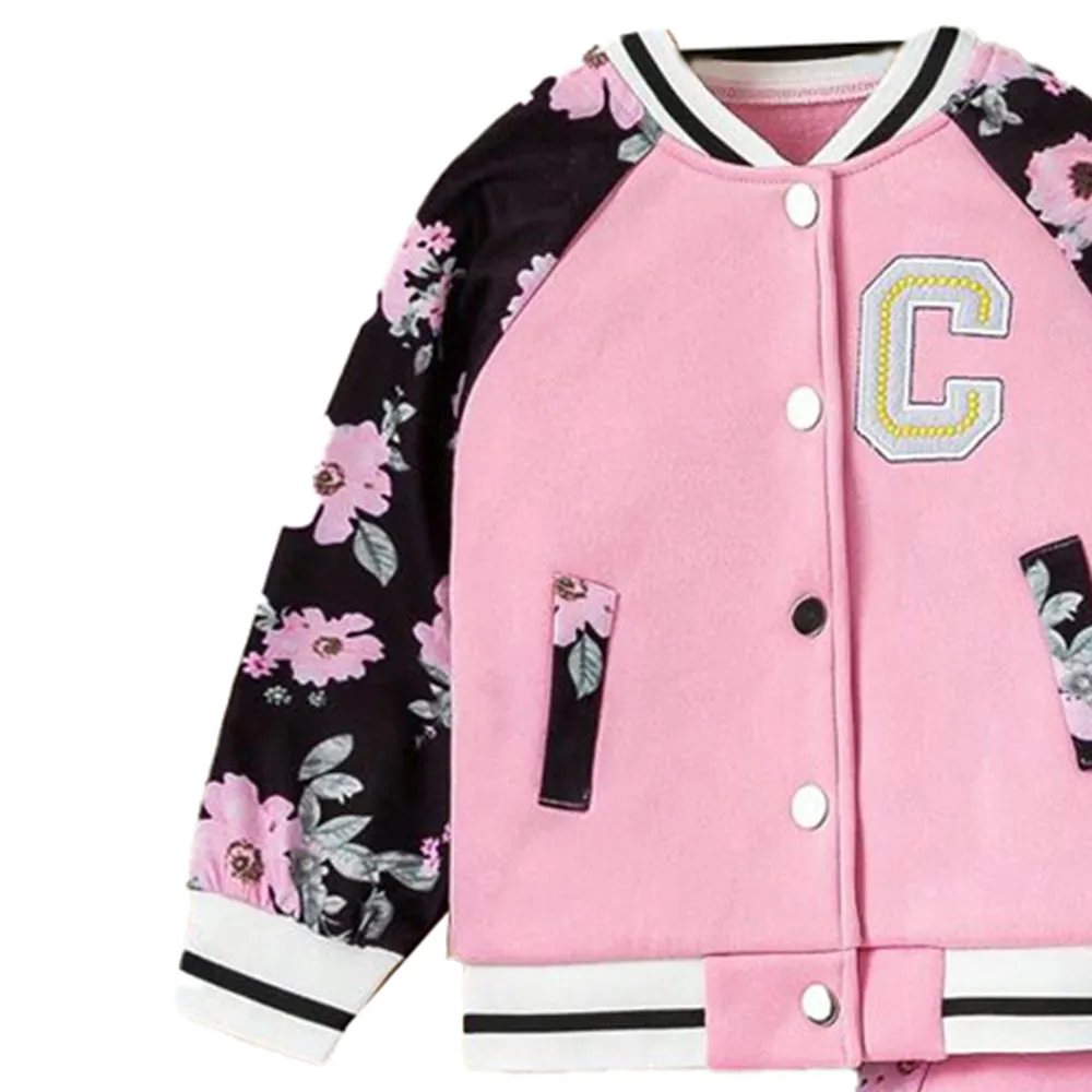 Little Surprise Box, Black & Pink Floral Strip , 2 pc Track Suit Set For Toddlers And Kids