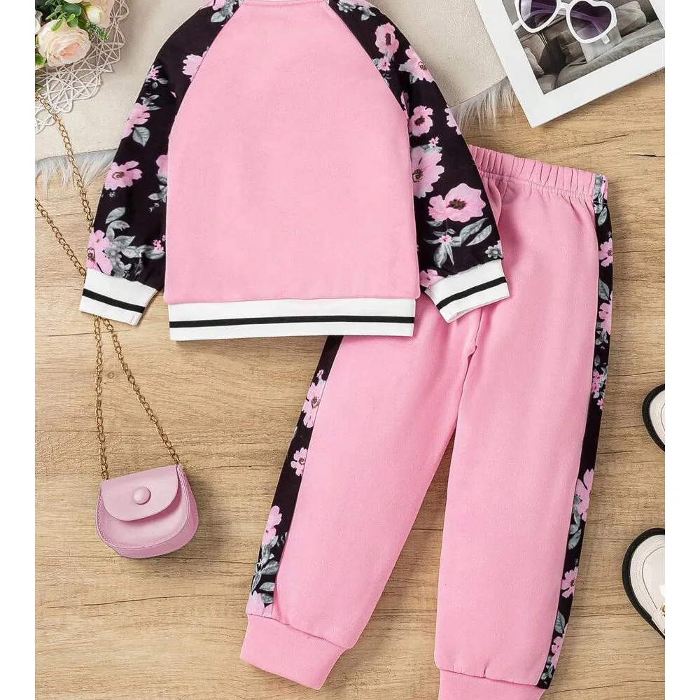 Little Surprise Box, Black & Pink Floral Strip , 2 pc Track Suit Set For Toddlers And Kids