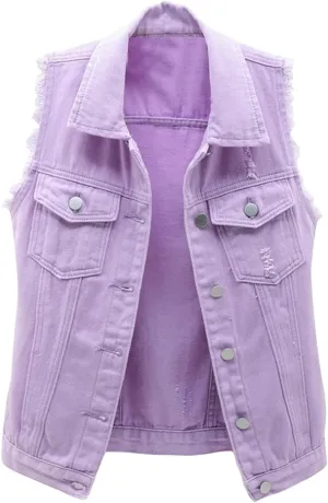 Locachy Women's Casual Denim Vest Jacket Slim Fit Sleeveless Ripped Tops