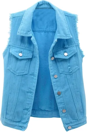 Locachy Women's Casual Denim Vest Jacket Slim Fit Sleeveless Ripped Tops