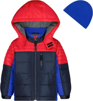 LONDON FOG Boys' Heavyweight Hooded Puffer Jacket with Polar Fleece Lining & Beanie