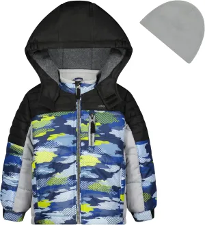 LONDON FOG Boys' Heavyweight Hooded Puffer Jacket with Polar Fleece Lining & Beanie