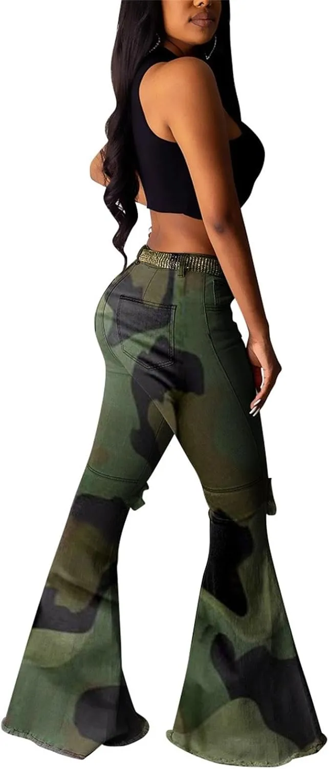 Lucuna Women's Camo Pants Flare Jeans High Waisted Y2K Camouflage Army Fatigue Ripped Bell Bottom Denim Pants