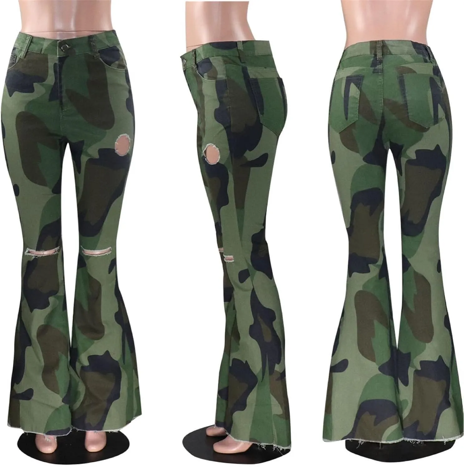 Lucuna Women's Camo Pants Flare Jeans High Waisted Y2K Camouflage Army Fatigue Ripped Bell Bottom Denim Pants