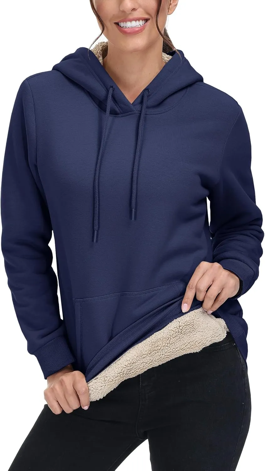 MAGCOMSEN Women's Winter Sherpa Lined Hoodie Warm Fleece Heavyweight Cotton Pullover Plain Hooded Sweatshirt with Pocket