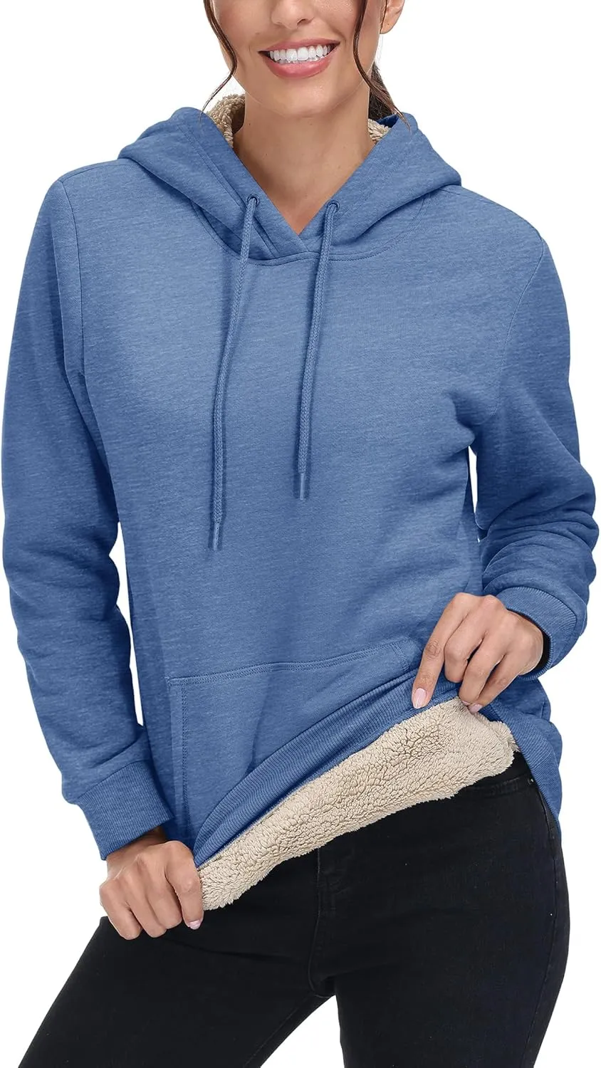 MAGCOMSEN Women's Winter Sherpa Lined Hoodie Warm Fleece Heavyweight Cotton Pullover Plain Hooded Sweatshirt with Pocket