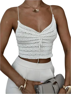 MakeMeChic Women's Crochet Camisole Ruched Drawstring Criss Cross Beach Crop Tops