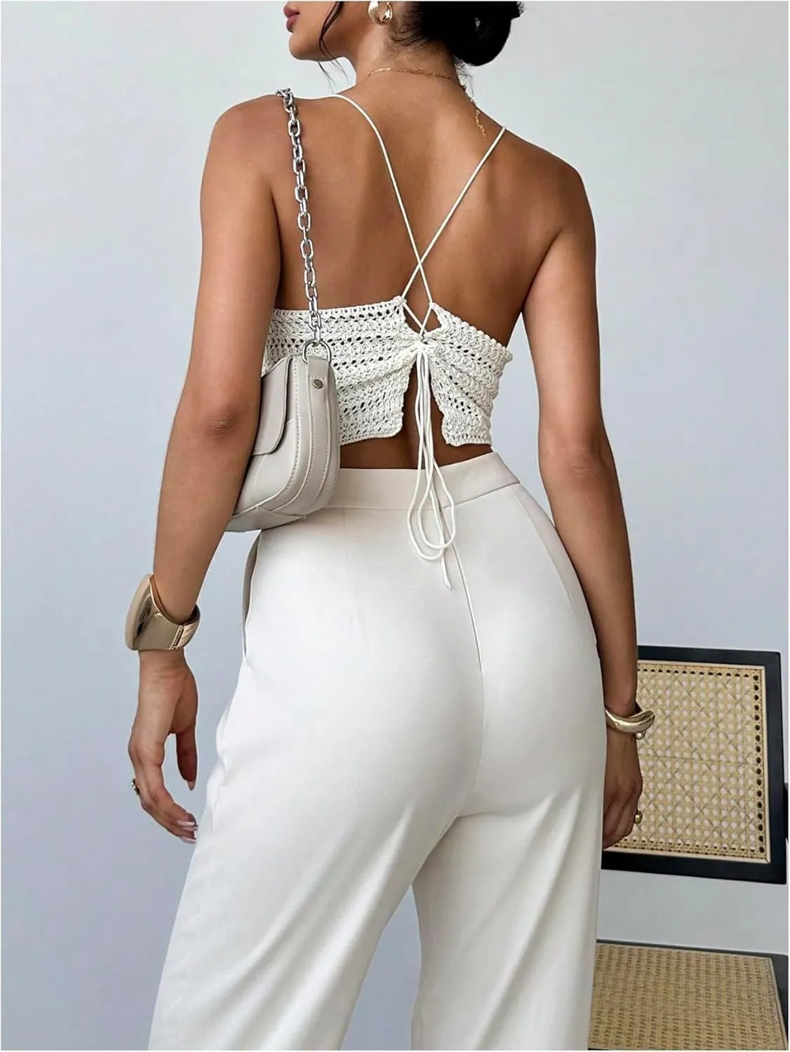 MakeMeChic Women's Crochet Camisole Ruched Drawstring Criss Cross Beach Crop Tops