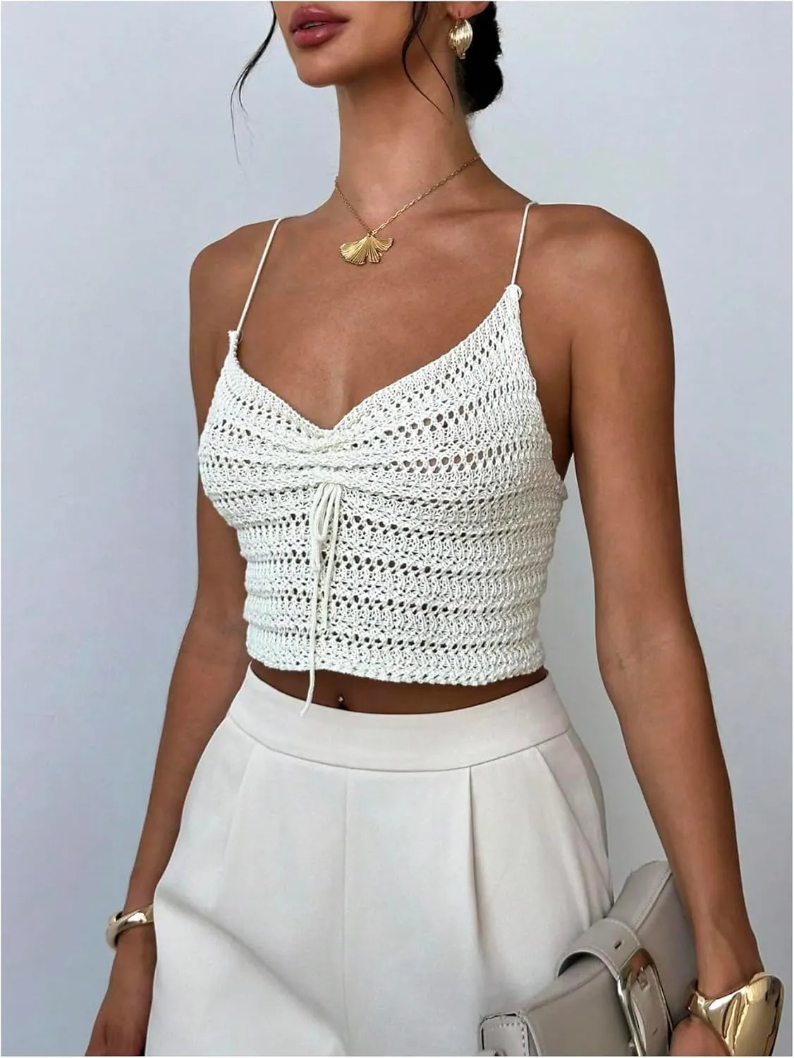MakeMeChic Women's Crochet Camisole Ruched Drawstring Criss Cross Beach Crop Tops