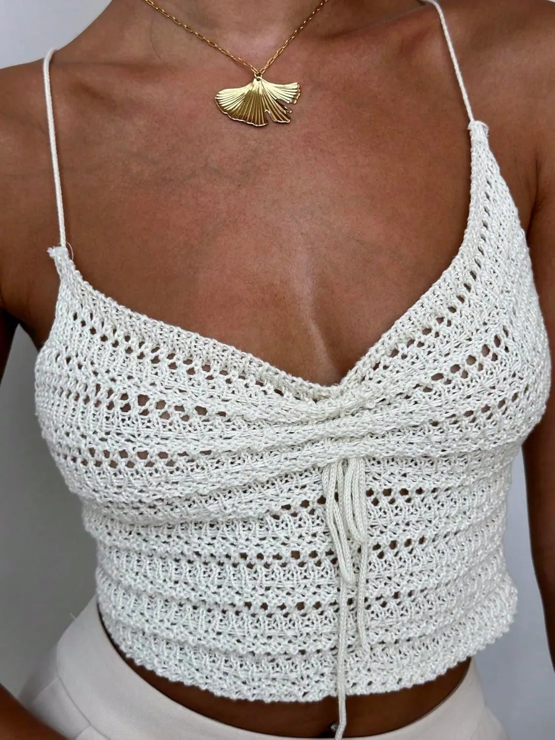 MakeMeChic Women's Crochet Camisole Ruched Drawstring Criss Cross Beach Crop Tops
