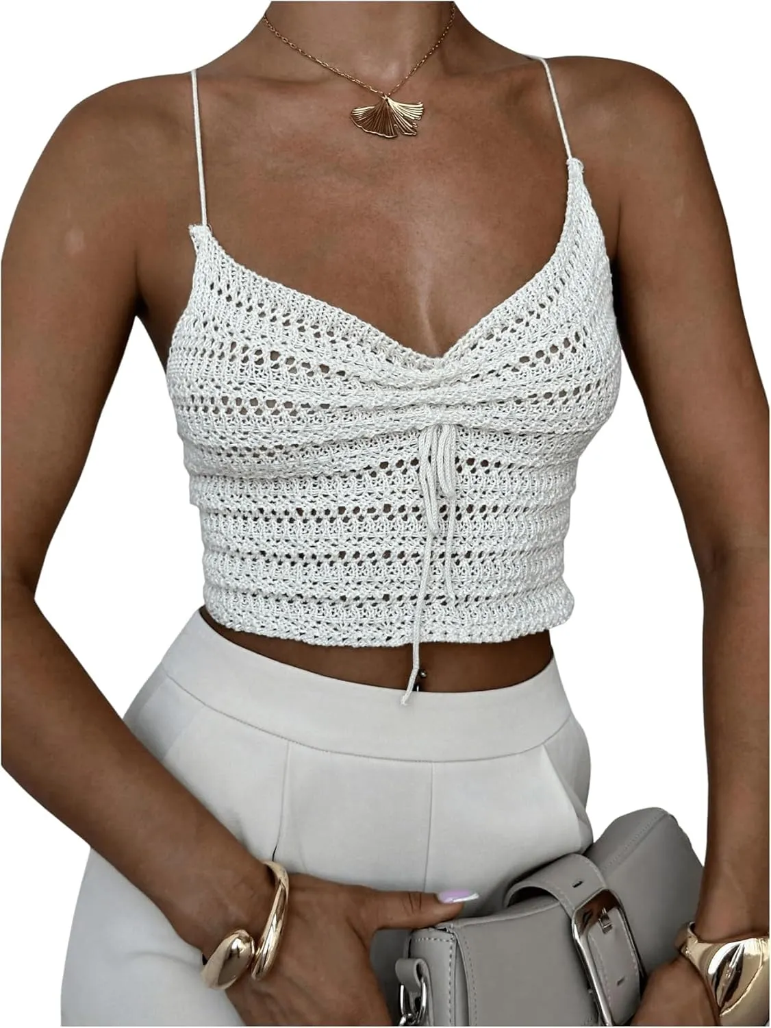 MakeMeChic Women's Crochet Camisole Ruched Drawstring Criss Cross Beach Crop Tops
