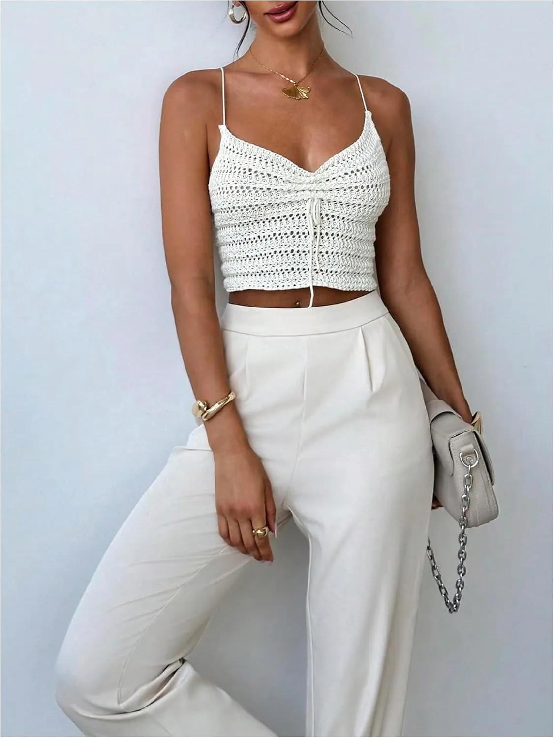 MakeMeChic Women's Crochet Camisole Ruched Drawstring Criss Cross Beach Crop Tops
