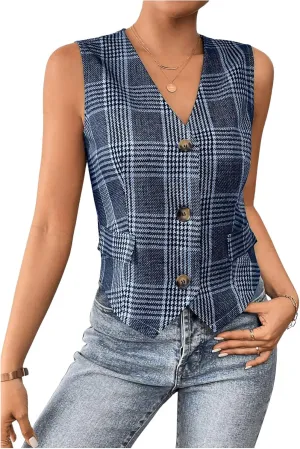 MakeMeChic Women's Plaid Button Down Vest Tops Sleeveless Jacket Vintage Blazer Waistcoat
