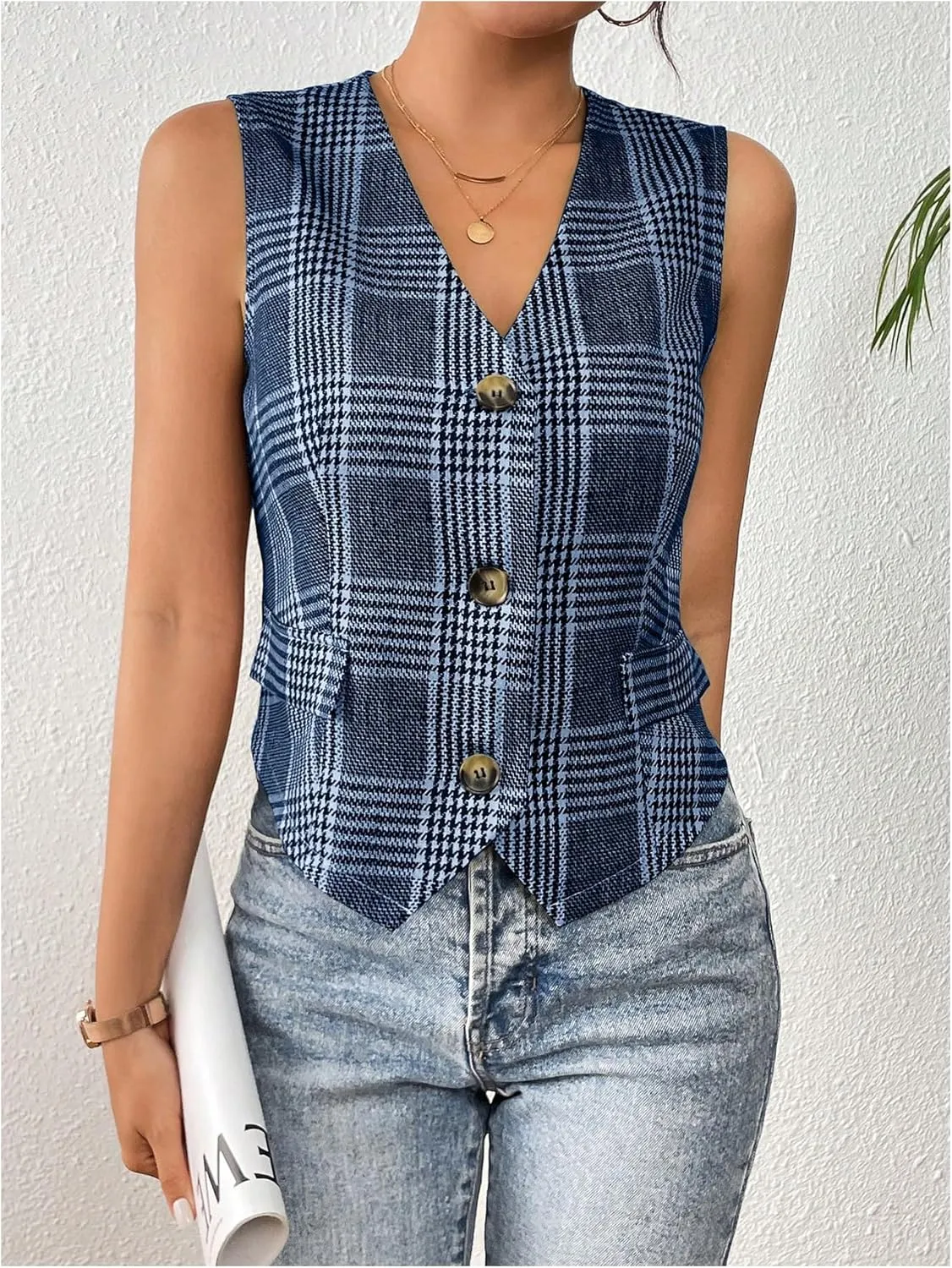 MakeMeChic Women's Plaid Button Down Vest Tops Sleeveless Jacket Vintage Blazer Waistcoat