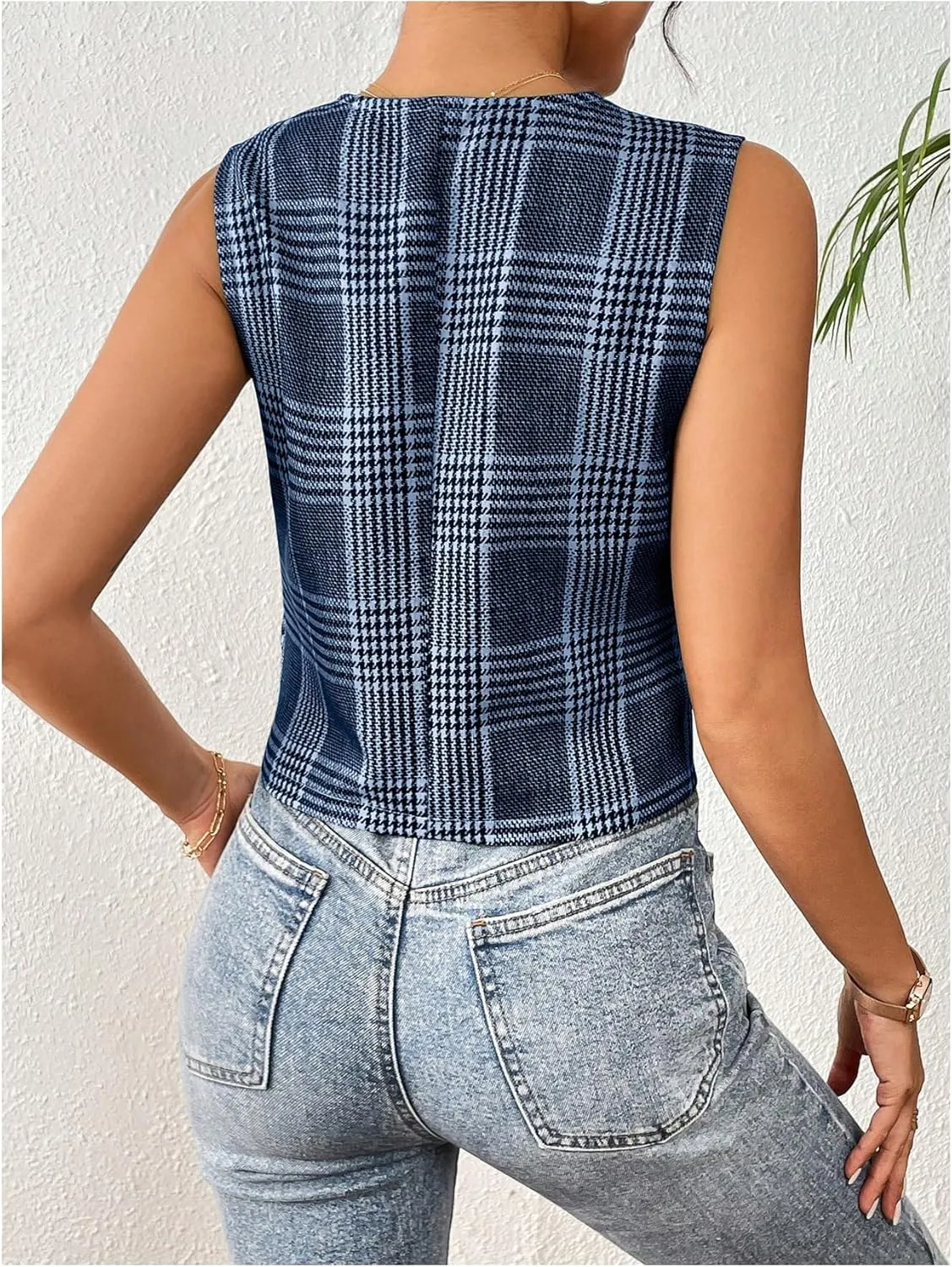 MakeMeChic Women's Plaid Button Down Vest Tops Sleeveless Jacket Vintage Blazer Waistcoat