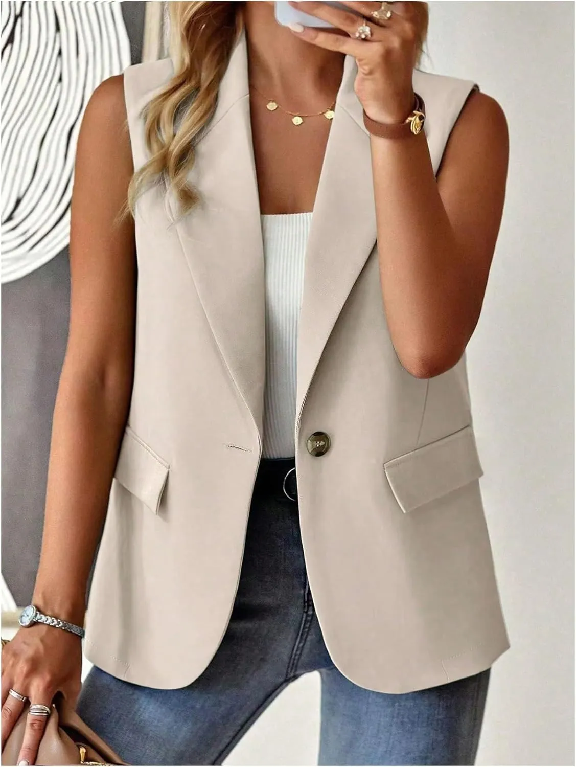 MakeMeChic Women's Plus Size Button Front Lapel Sleeveless Work Jacket Vest Blazer