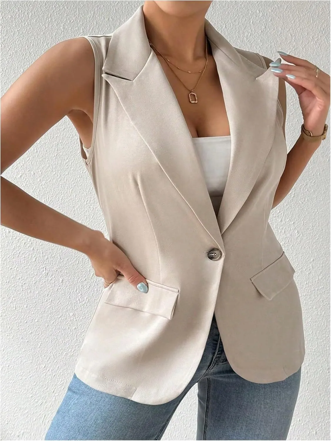 MakeMeChic Women's Plus Size Button Front Lapel Sleeveless Work Jacket Vest Blazer
