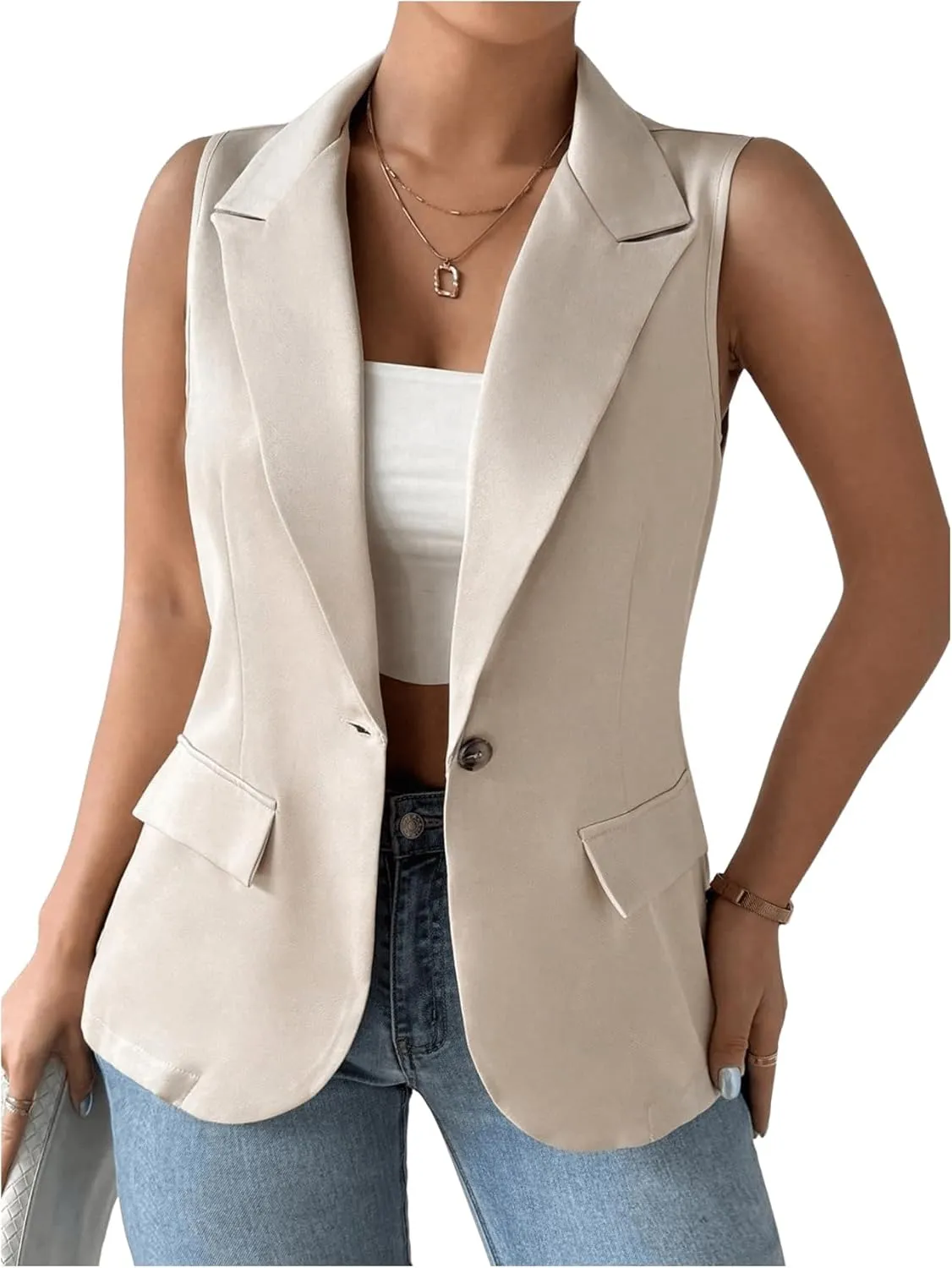 MakeMeChic Women's Plus Size Button Front Lapel Sleeveless Work Jacket Vest Blazer