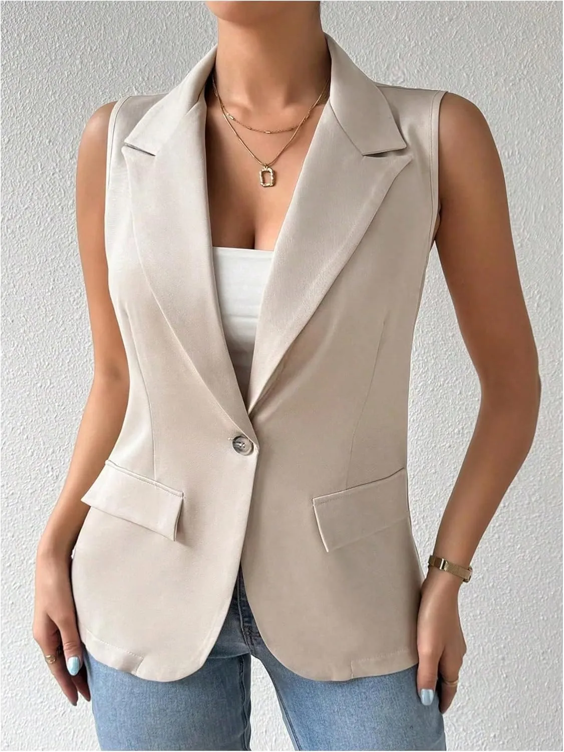 MakeMeChic Women's Plus Size Button Front Lapel Sleeveless Work Jacket Vest Blazer