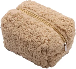 Makeup bag, white plush, fluffy, zippered, portable skincare storage bag, mini fashionable small bag (Caramel color)