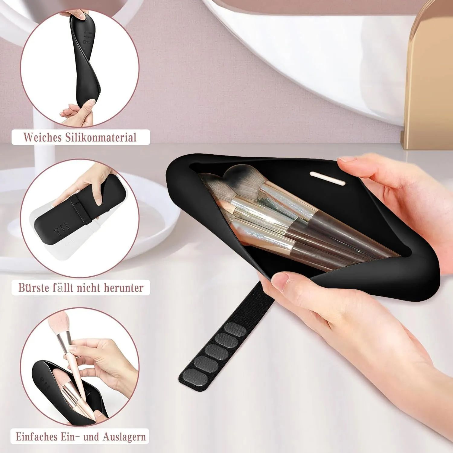 Makeup Brush Holder, Silicone Makeup Bag Makeup Sponge Holder Organizer for Travel Storage, Black