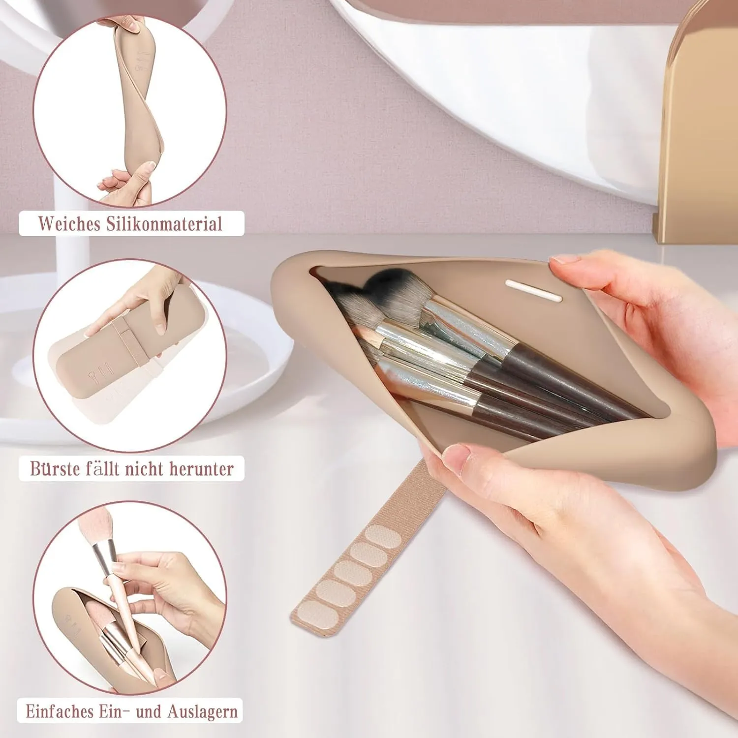Makeup Brush Holder, Silicone Makeup Bag Makeup Sponge Holder Organizer for Travel Storage, Khaiki
