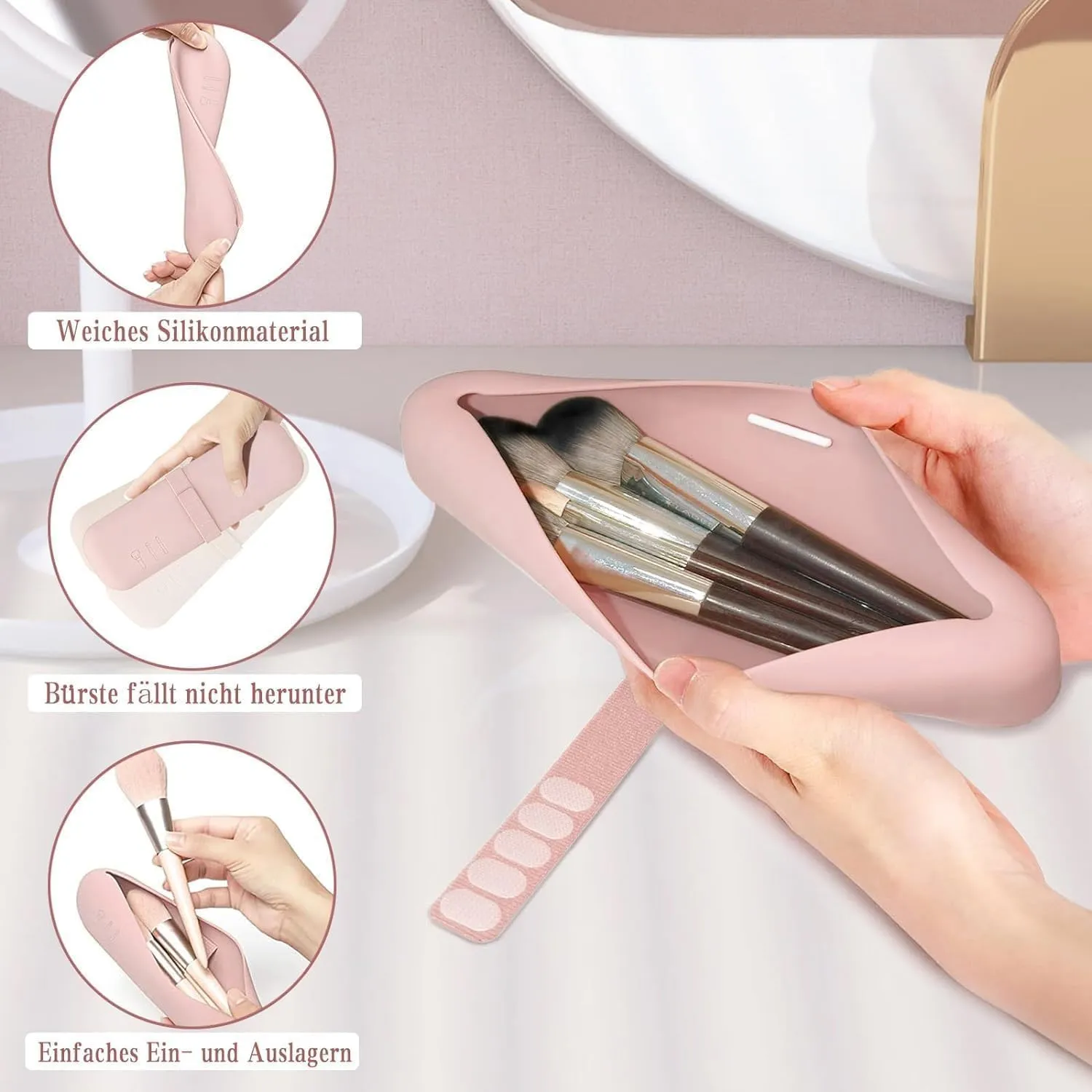 Makeup Brush Holder, Silicone Makeup Bag Makeup Sponge Holder Organizer for Travel Storage, Pink