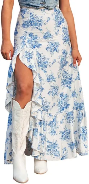 Melliflo Women's Boho Floral Skirt Summer Ruffle Side Slit Asymmetrical Maxi Skirt High Waisted Wrap Flowy Long Skirts 2025